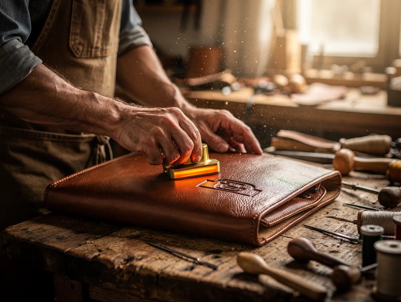 Artisan stamping custom logo into automotive leather
