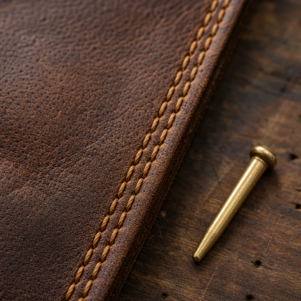 Full-grain leather texture and precision saddle stitch