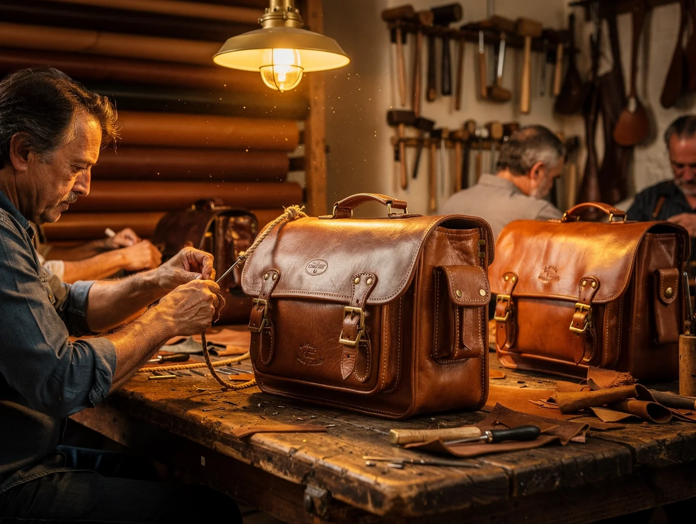 CABINCRAFT master leather craftsmen assembling car bags in workshop